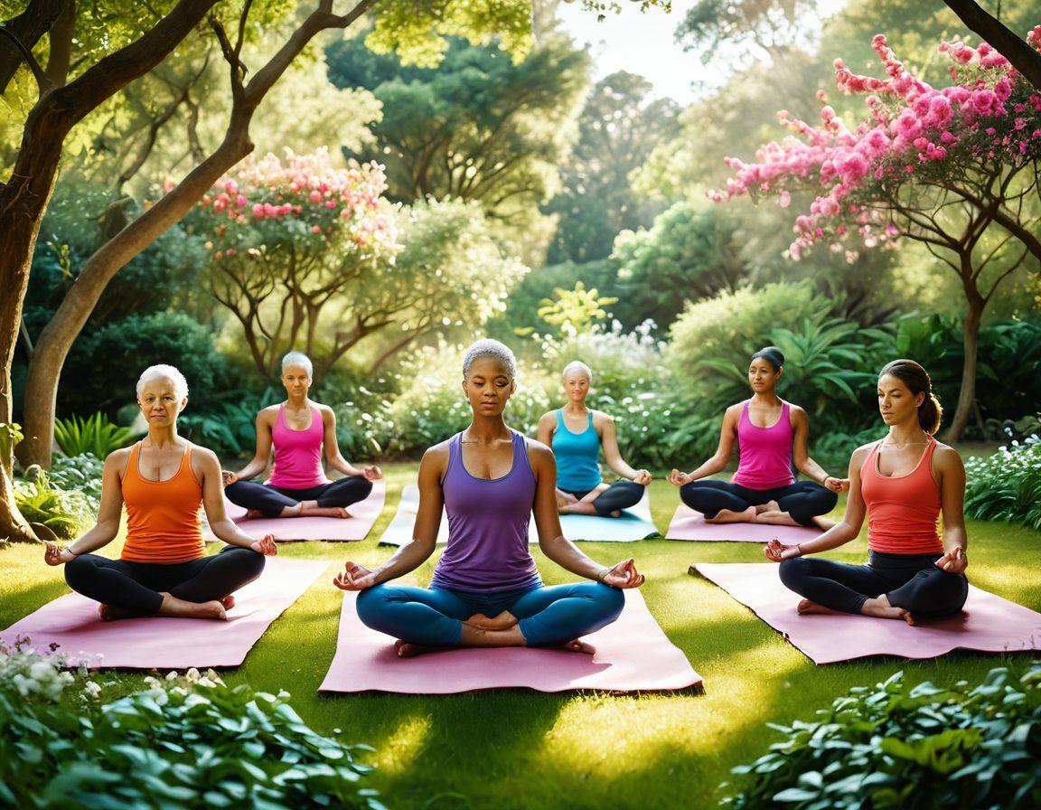 A serene landscape depicting a diverse group of individuals engaging in holistic wellness practices, such as yoga and meditation, surrounded by lush greenery and blooming flowers. Include symbols of advocacy, like ribbons representing cancer awareness, subtly integrated into the scene. Capture the essence of unity, hope, and healing through warm, inviting colors. super-realistic. vibrant colors. soft focus.