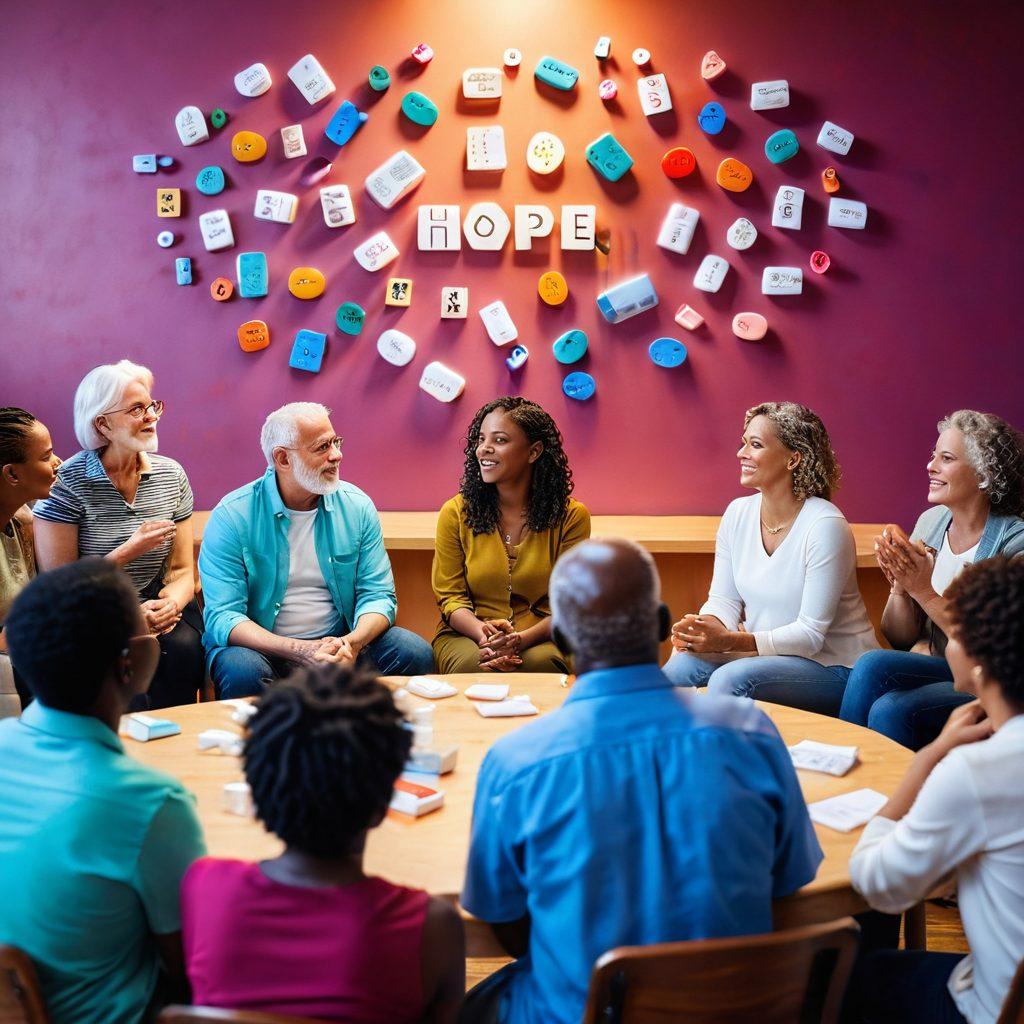 A diverse group of people of different ages and backgrounds engaged in a heartfelt discussion in a bright, supportive environment, surrounded by various treatment option symbols like pills, therapy tools, and a support group circle. The atmosphere is warm and uplifting, with soft lighting and inspirational quotes on the walls. Focus on expressions of hope and empowerment. super-realistic. vibrant colors. 3D.